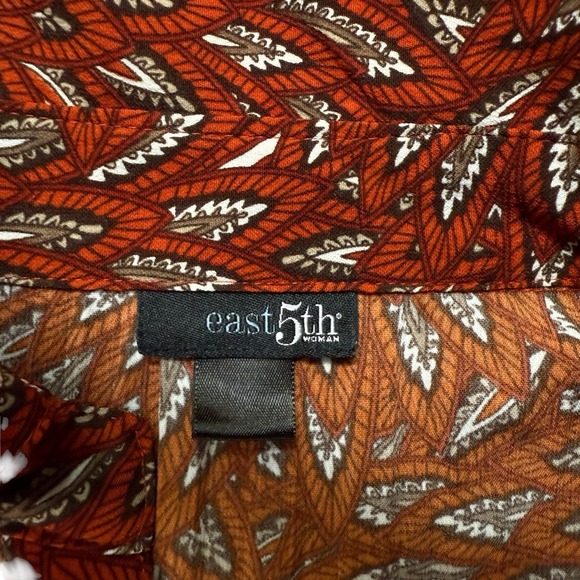 EAST 5TH PETITE Orange Leaf Print Button Front Pleated Long Flare Sleeve Top 1X - Picture 5 of 7